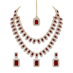 Diamond Double Layer Necklace with Earrings and Maang Tika Jewellery Set