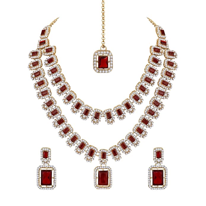 Diamond Double Layer Necklace with Earrings and Maang Tika Jewellery Set