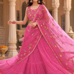 Beautiful Fully Flair Net Embroidery Ruffle Lehenga