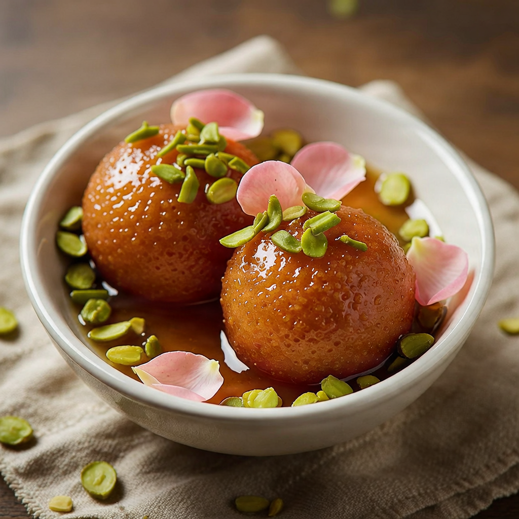 Soft, syrup-soaked classic Indian Gulab Jamun served with crushed pistachios
