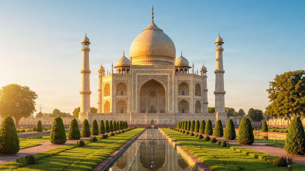 A luxurious view of the Taj Mahal at sunrise with a professional travel photography style.