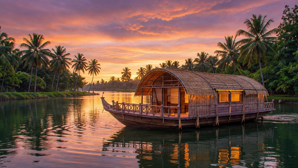 A luxury houseboat cruising through the serene backwaters of Kerala at sunset.